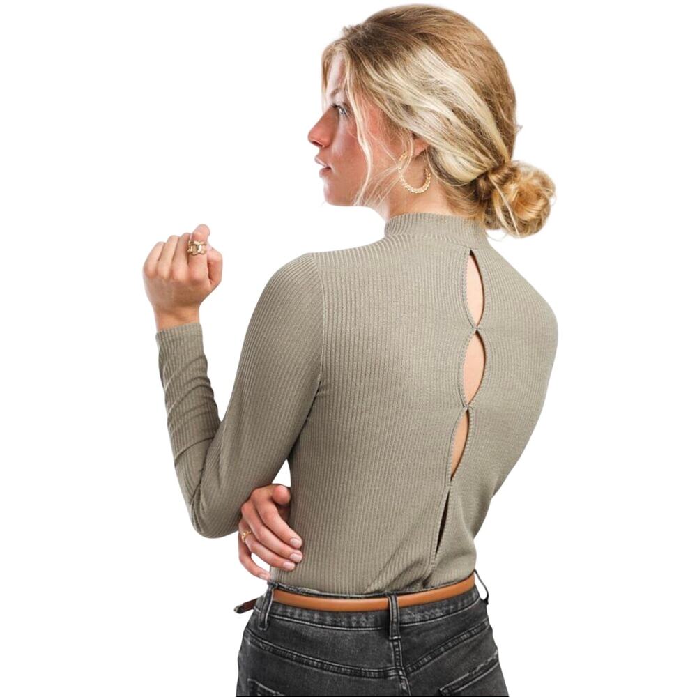Willow & Root Sage Green Ribbed Mock Turtle Neck Cutout Back Top Size Small